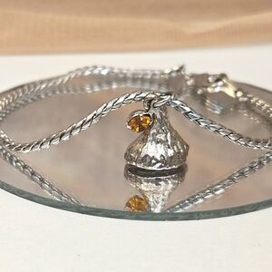 Silver Tone Hershey Kiss Bracelet w/ Amber Accent Crystal
